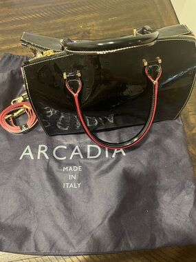 Arcadia Black Patent Satchel with Red-Trim Handles